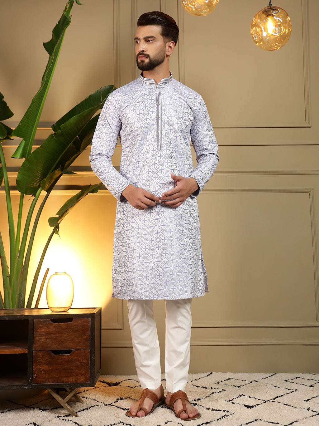 Ivory Silver Printed Men's Festive Kurta - White
