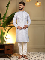 Ivory Silver Printed Men's Festive Kurta - White