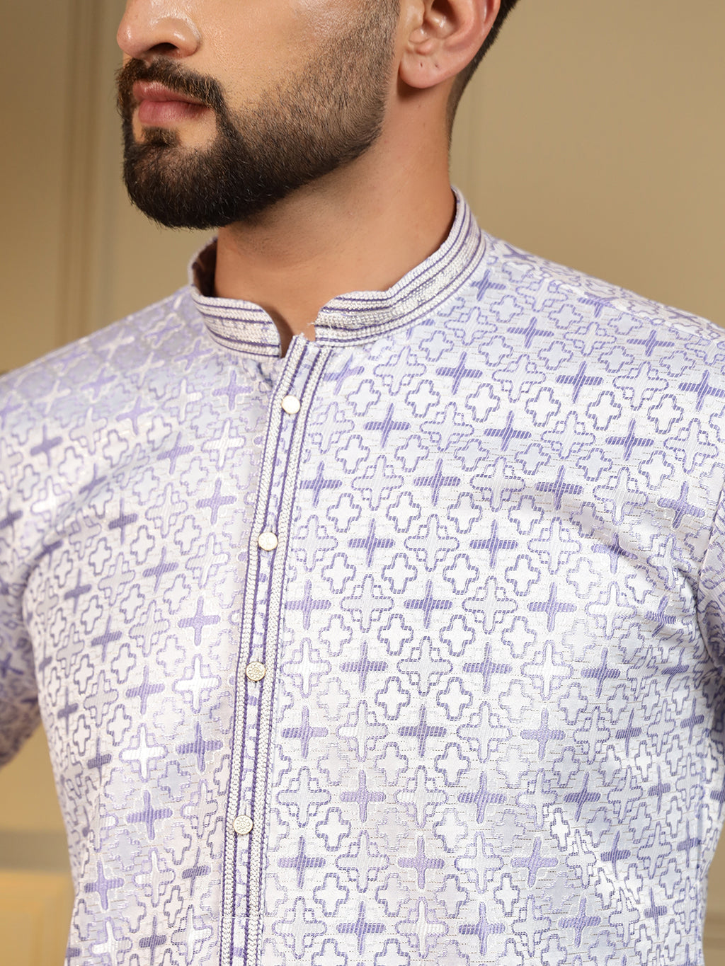 Ivory Silver Printed Men's Festive Kurta - White
