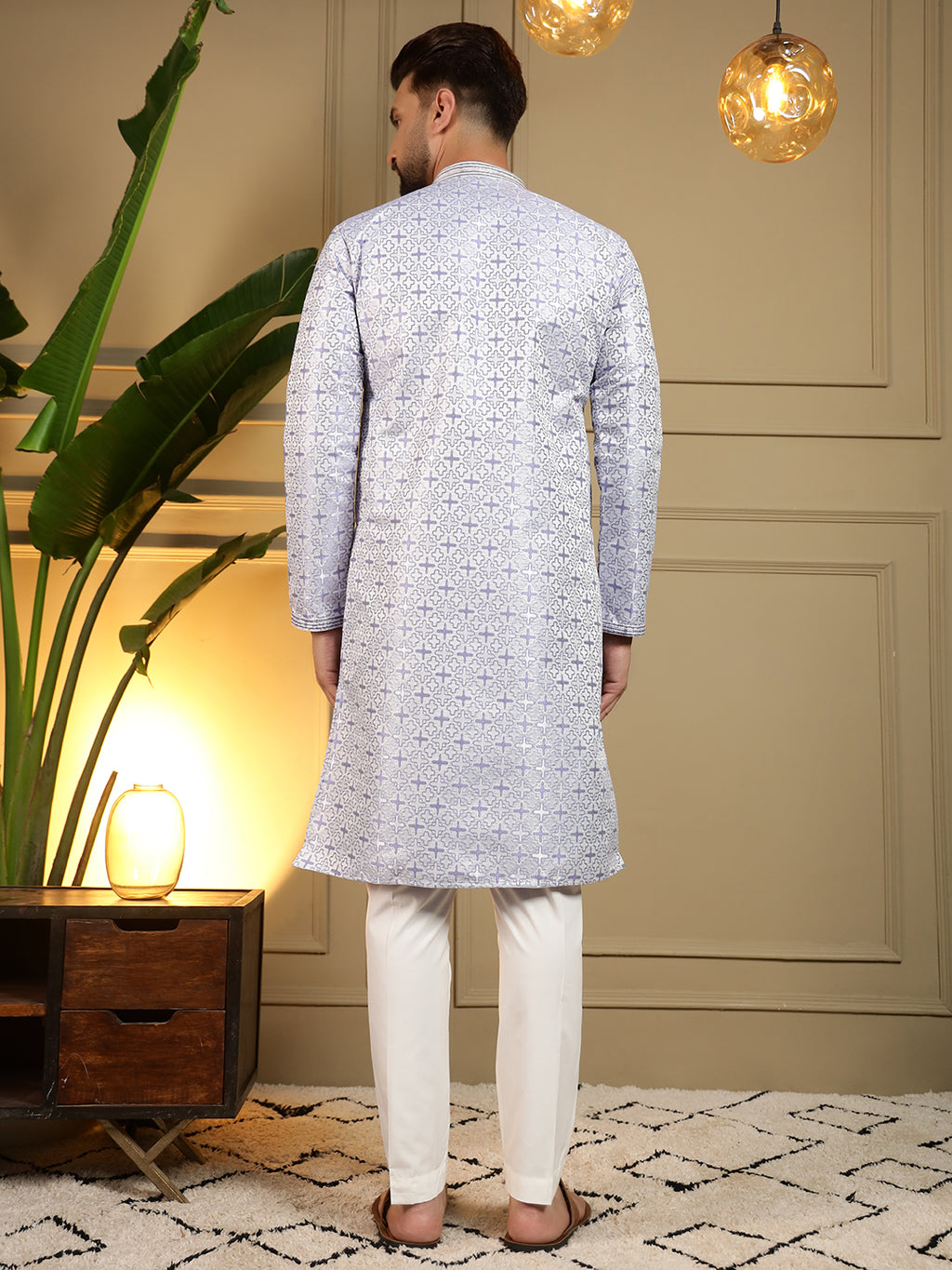 Ivory Silver Printed Men's Festive Kurta - White