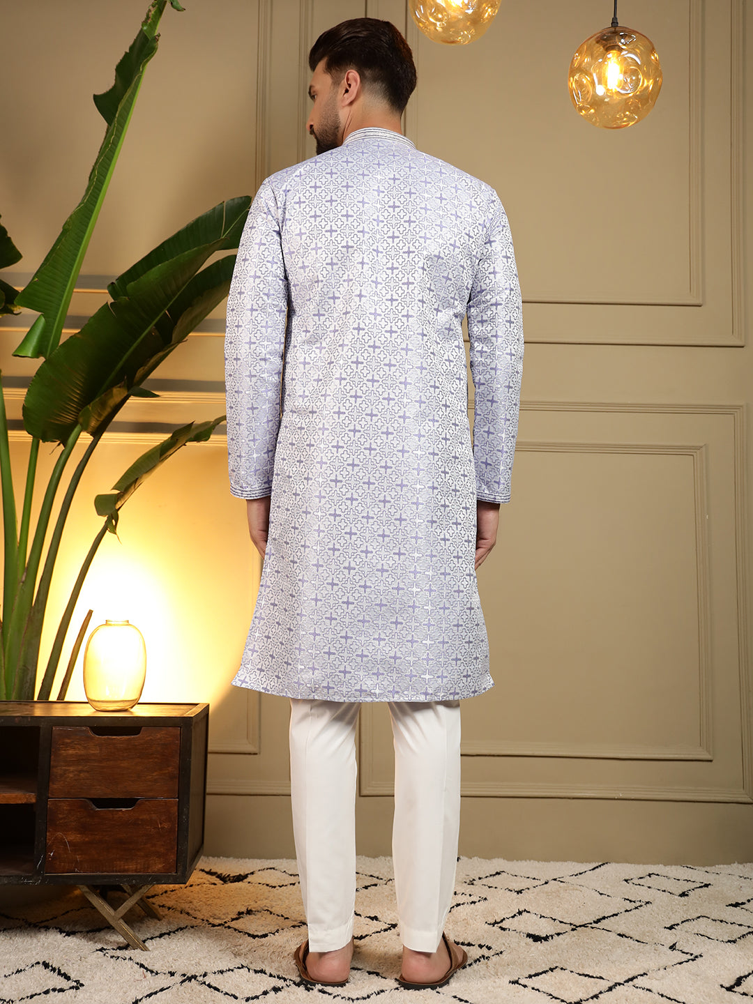 Ivory Silver Printed Men's Festive Kurta - White