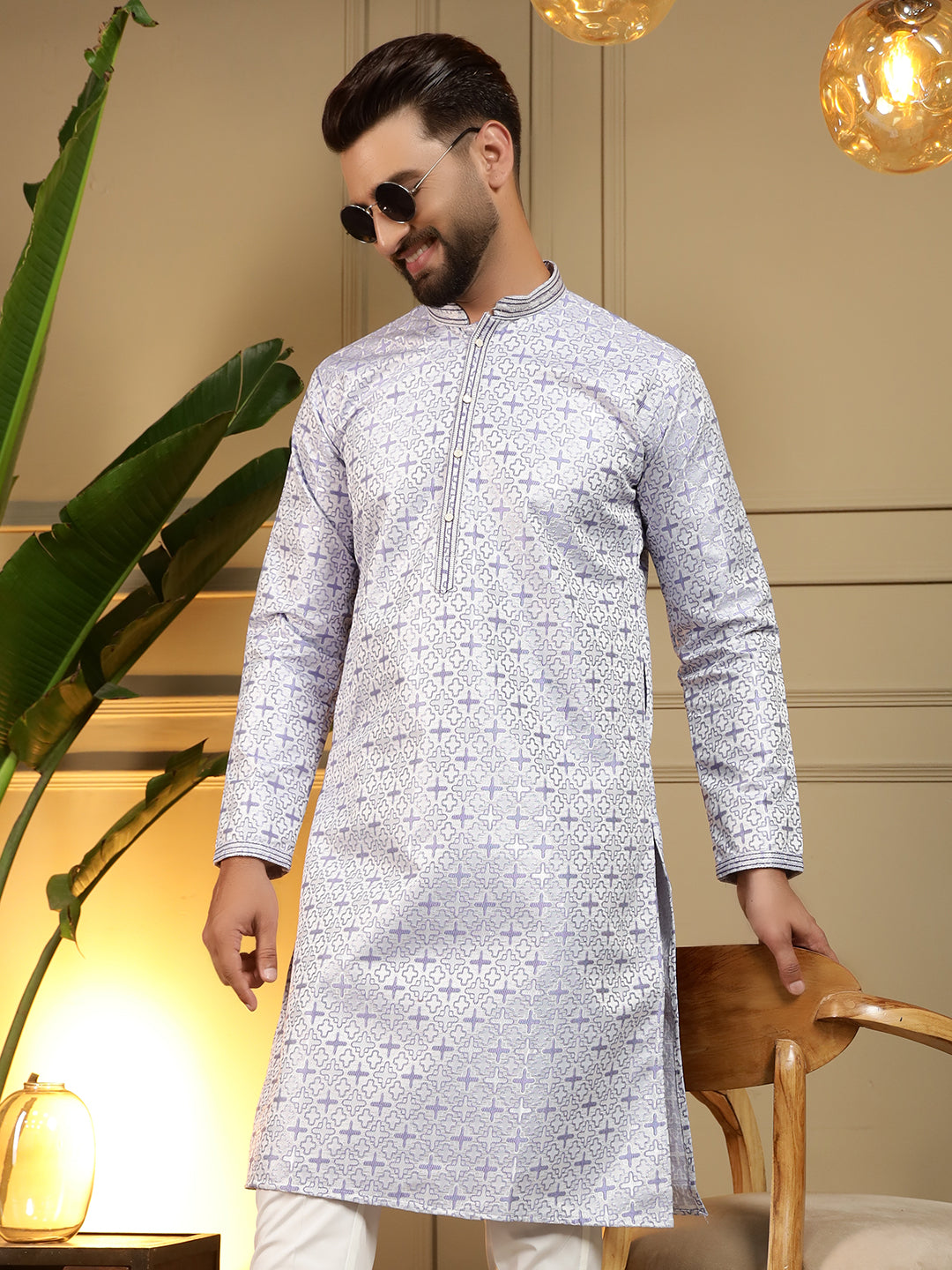 Ivory Silver Printed Men's Festive Kurta - White