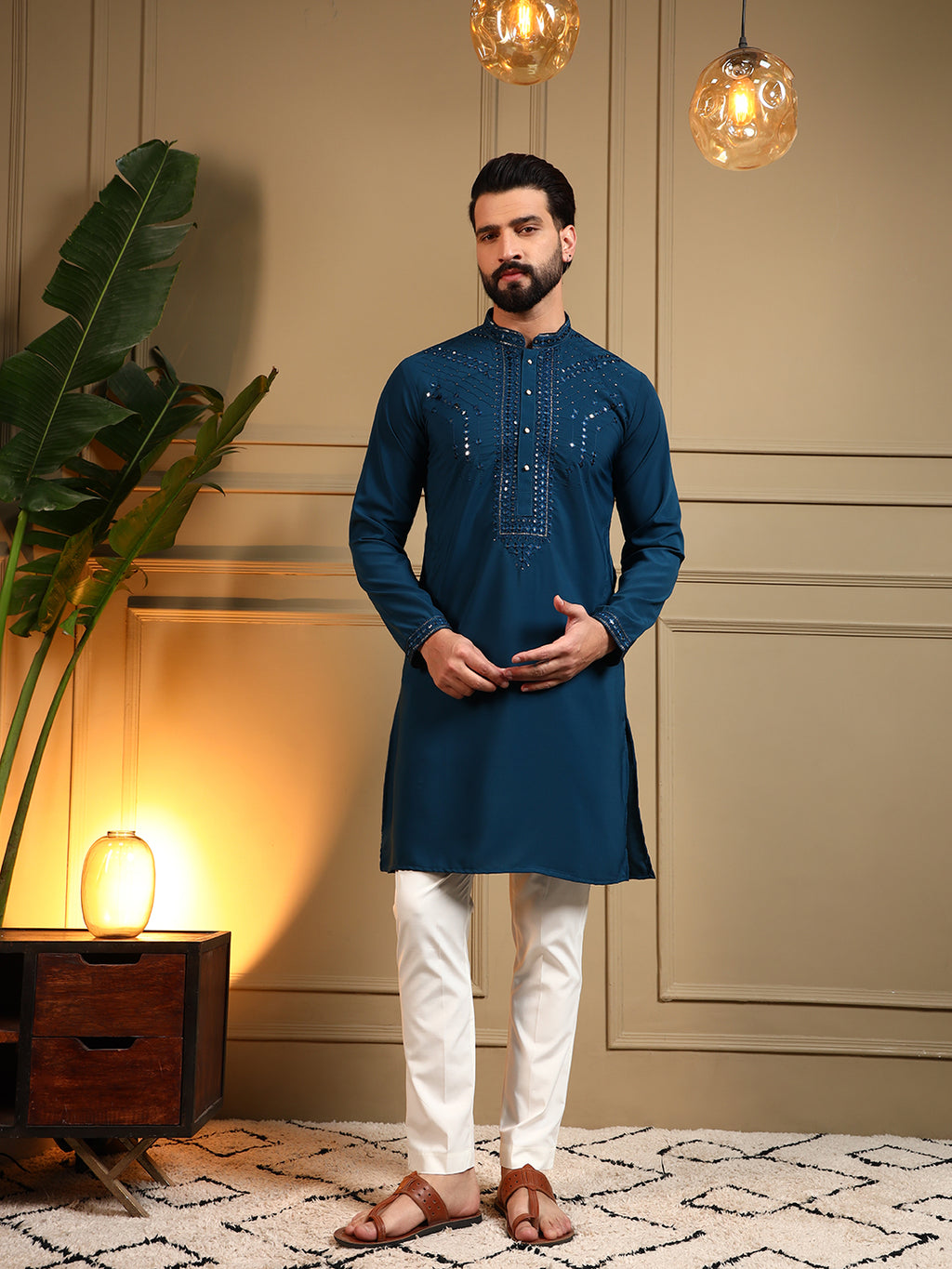 Royal Navy Embroidered Men's Festive Kurta - Blue
