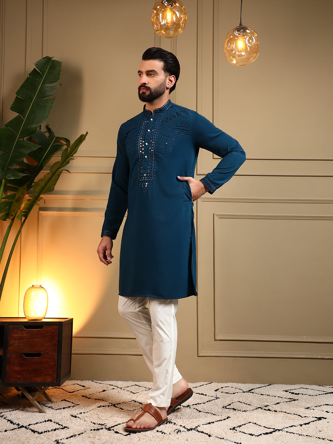 Royal Navy Embroidered Men's Festive Kurta - Blue