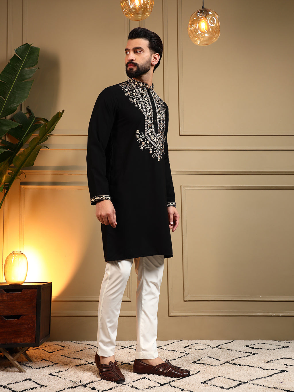 Midnight Black Embroidered Men's Festive Kurta - Black