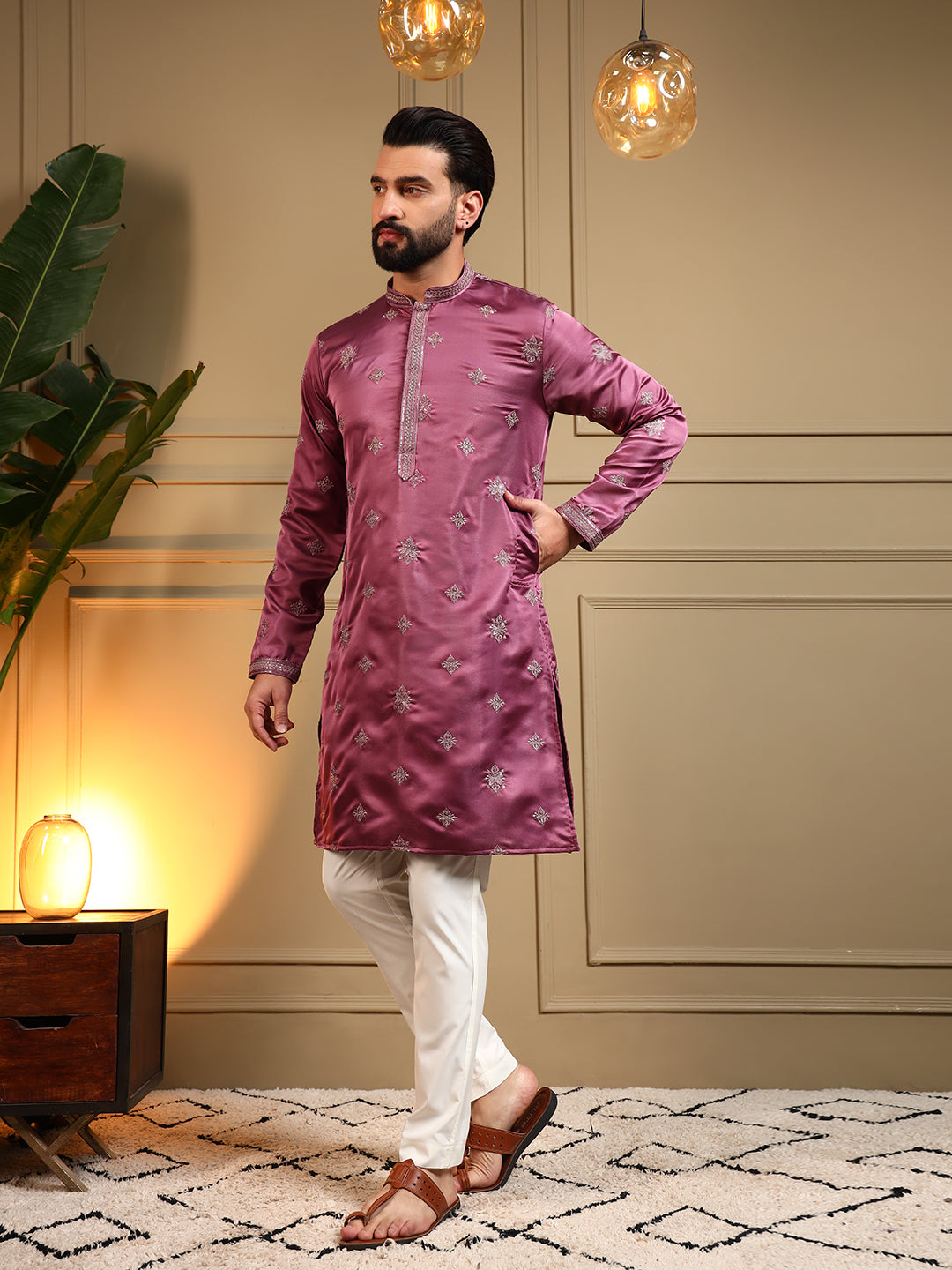 Royal Mauve Embroidered Men's Festive Kurta - Pink