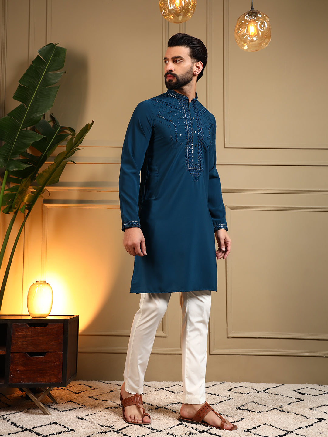 Royal Navy Embroidered Men's Festive Kurta - Blue