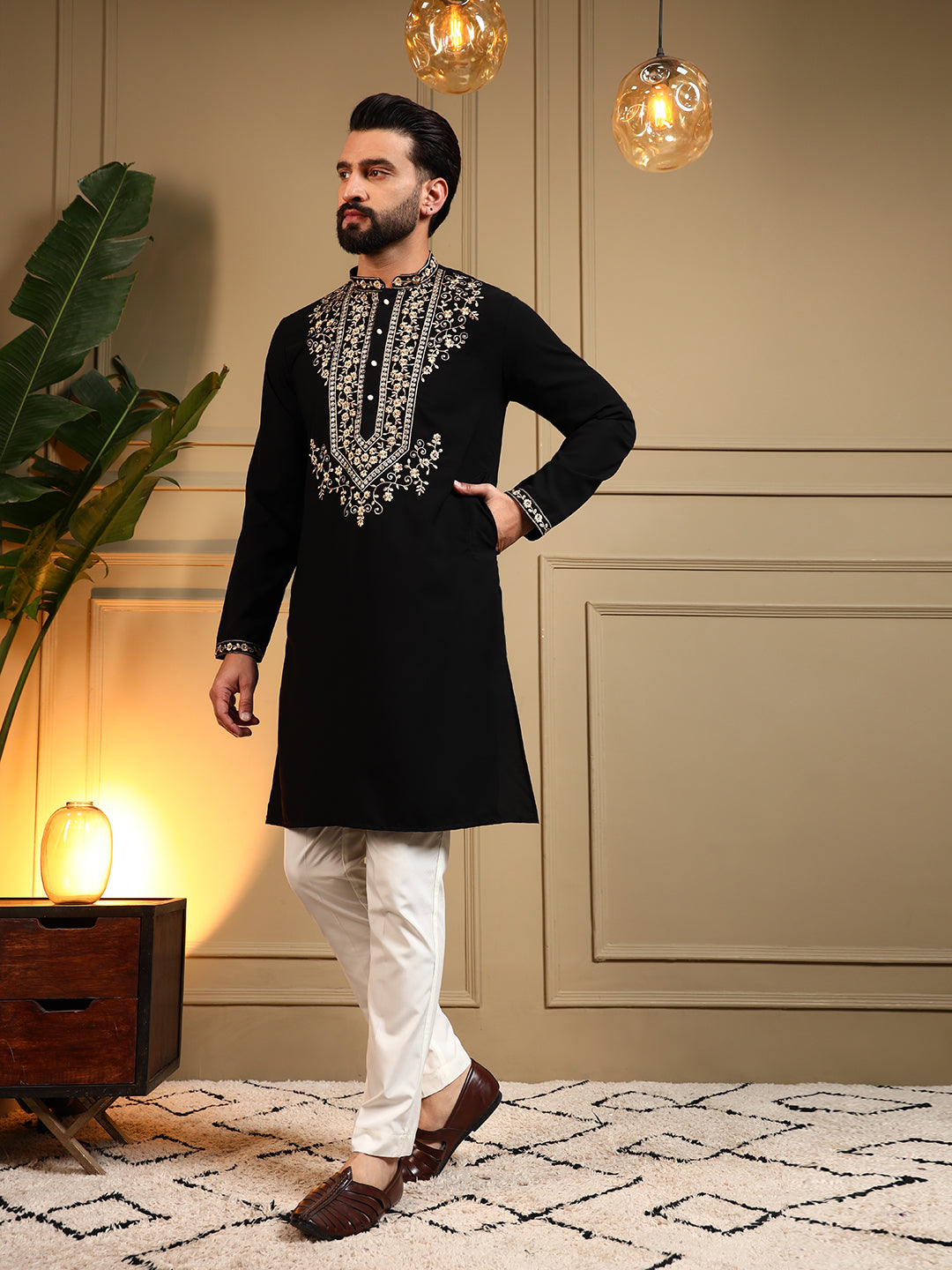 Midnight Black Embroidered Men's Festive Kurta - Black