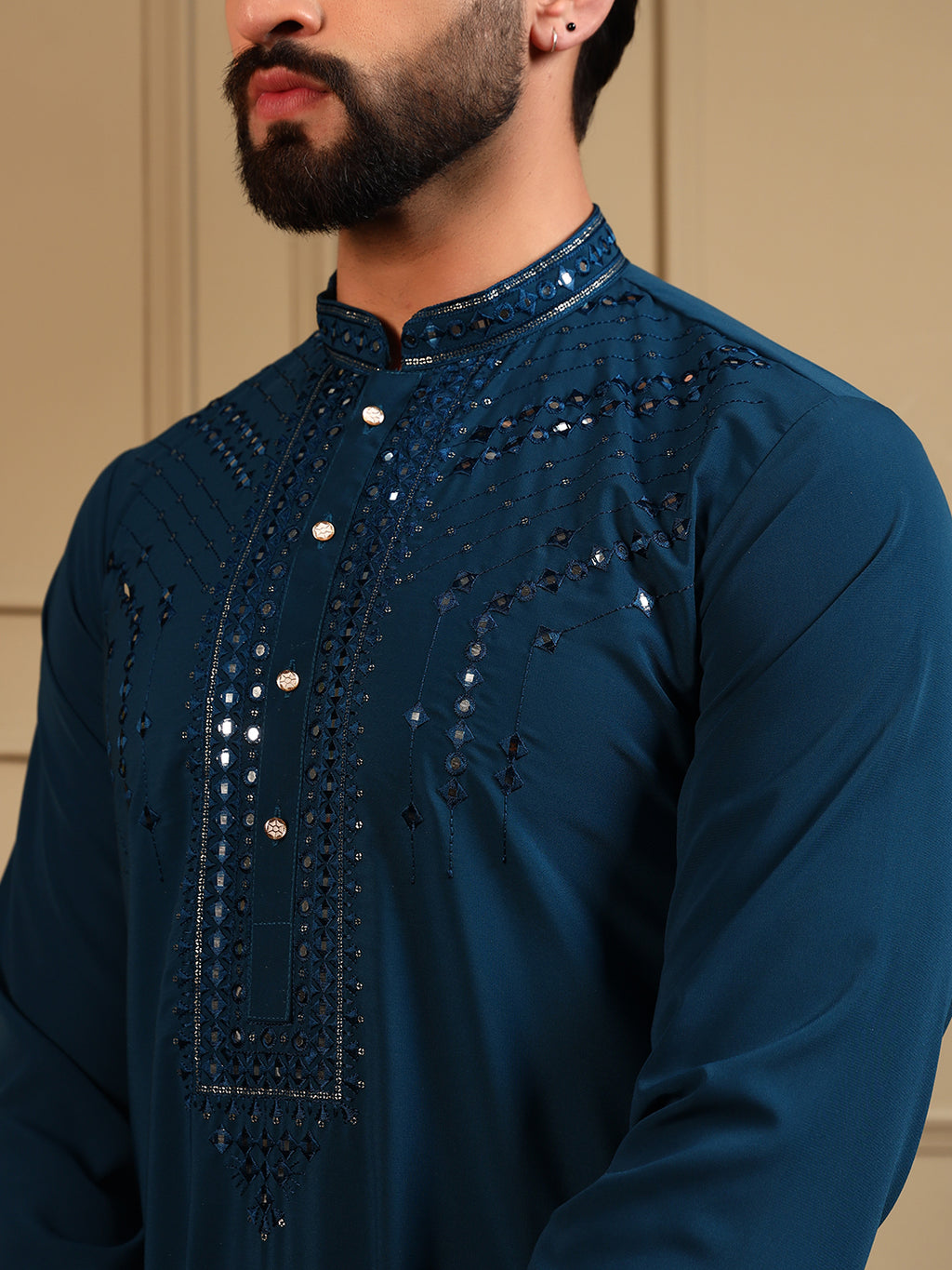 Royal Navy Embroidered Men's Festive Kurta - Blue