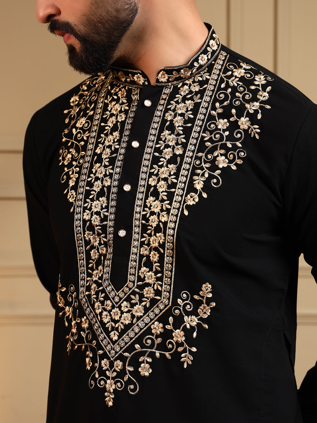 Midnight Black Embroidered Men's Festive Kurta - Black