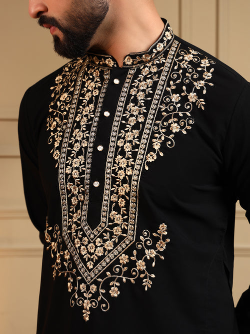Midnight Black Embroidered Men's Festive Kurta - Black