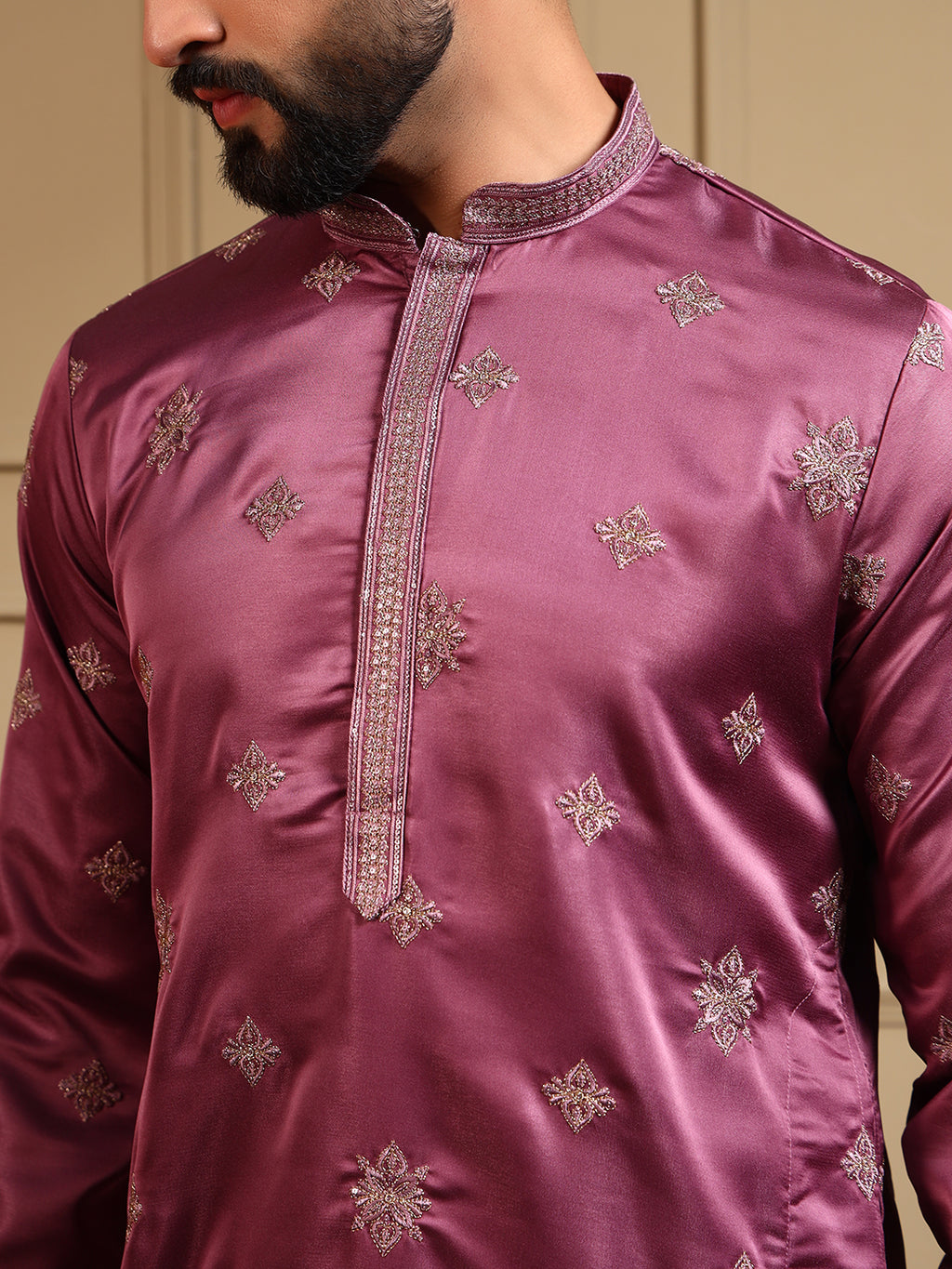 Royal Mauve Embroidered Men's Festive Kurta - Pink