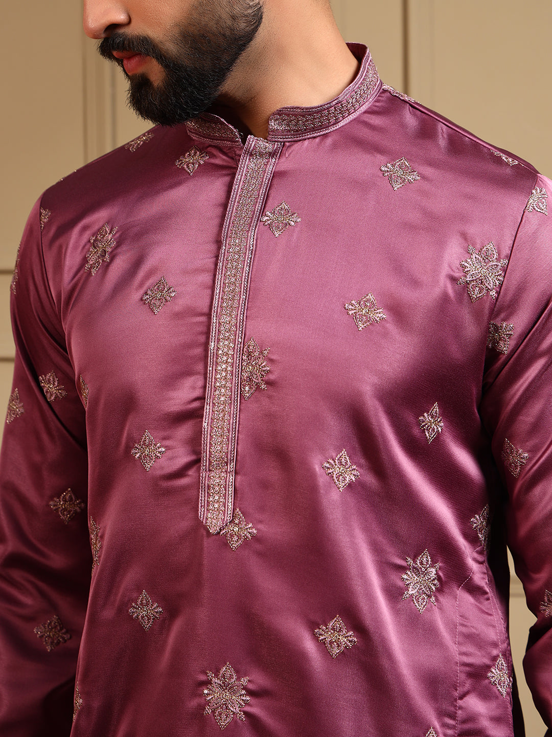 Royal Mauve Embroidered Men's Festive Kurta - Pink