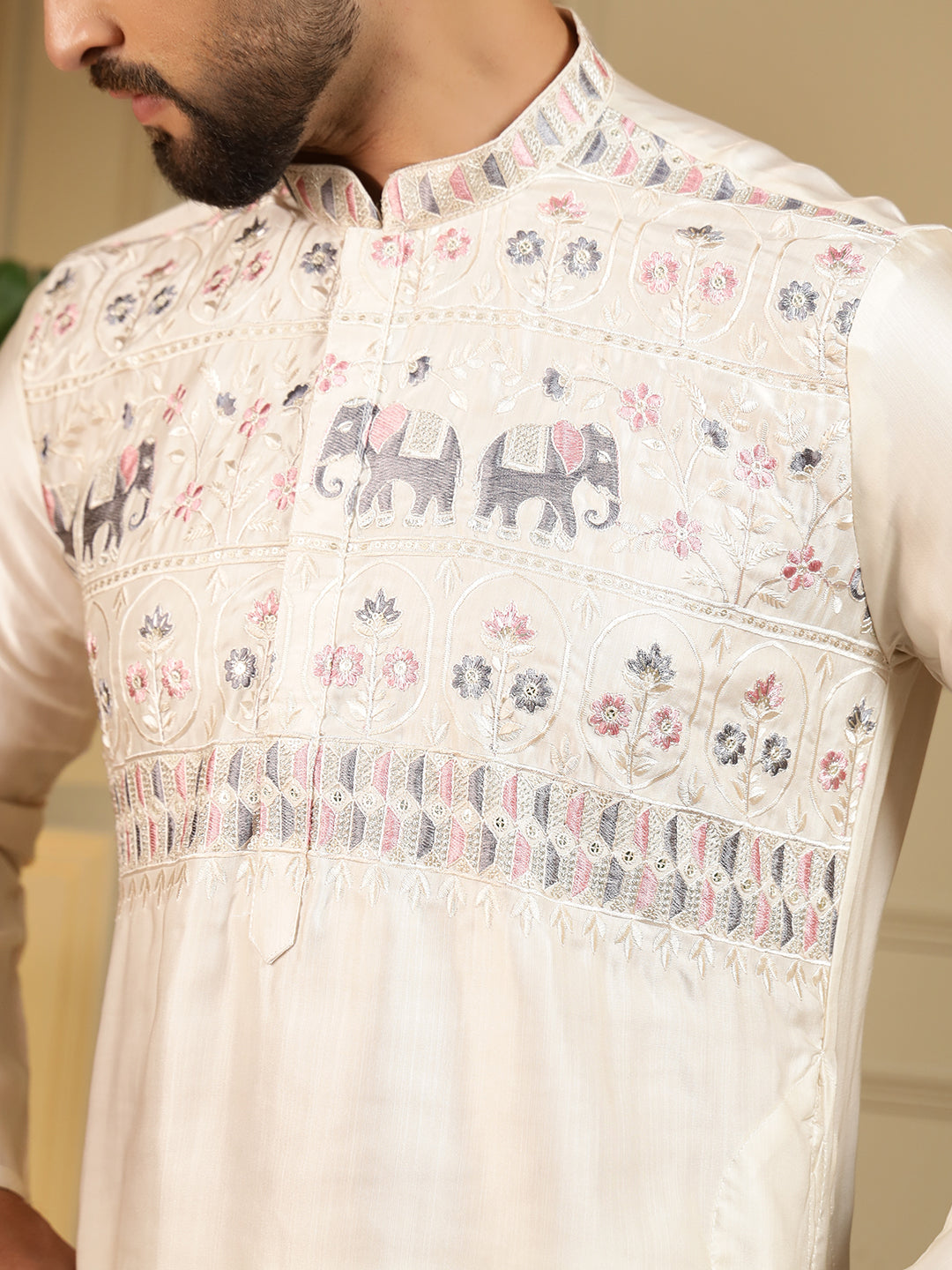 Royal Ivory Elephant Embroidered Men's Festive Kurta - Off-White