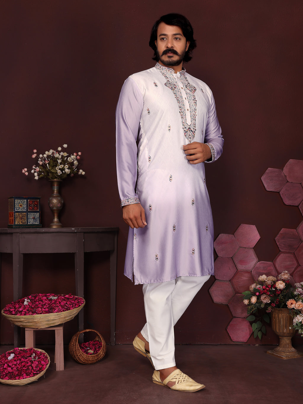 Lavender Mirror Embroidered Men's Festive Kurta