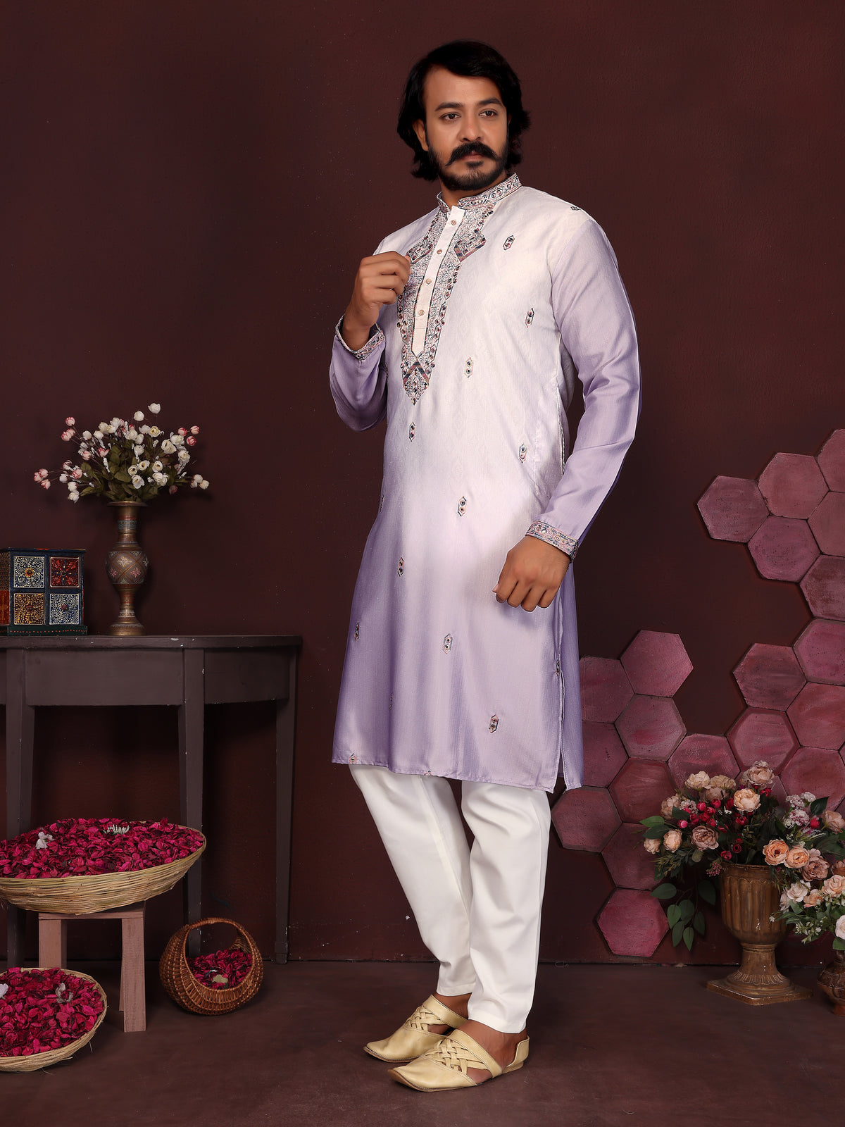 Lavender Mirror Embroidered Men's Festive Kurta