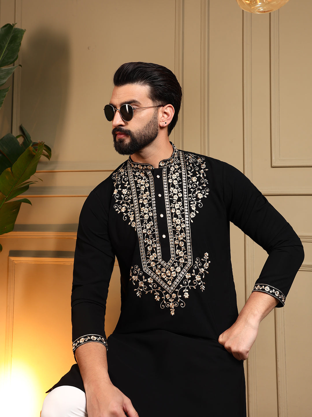 Midnight Black Embroidered Men's Festive Kurta - Black