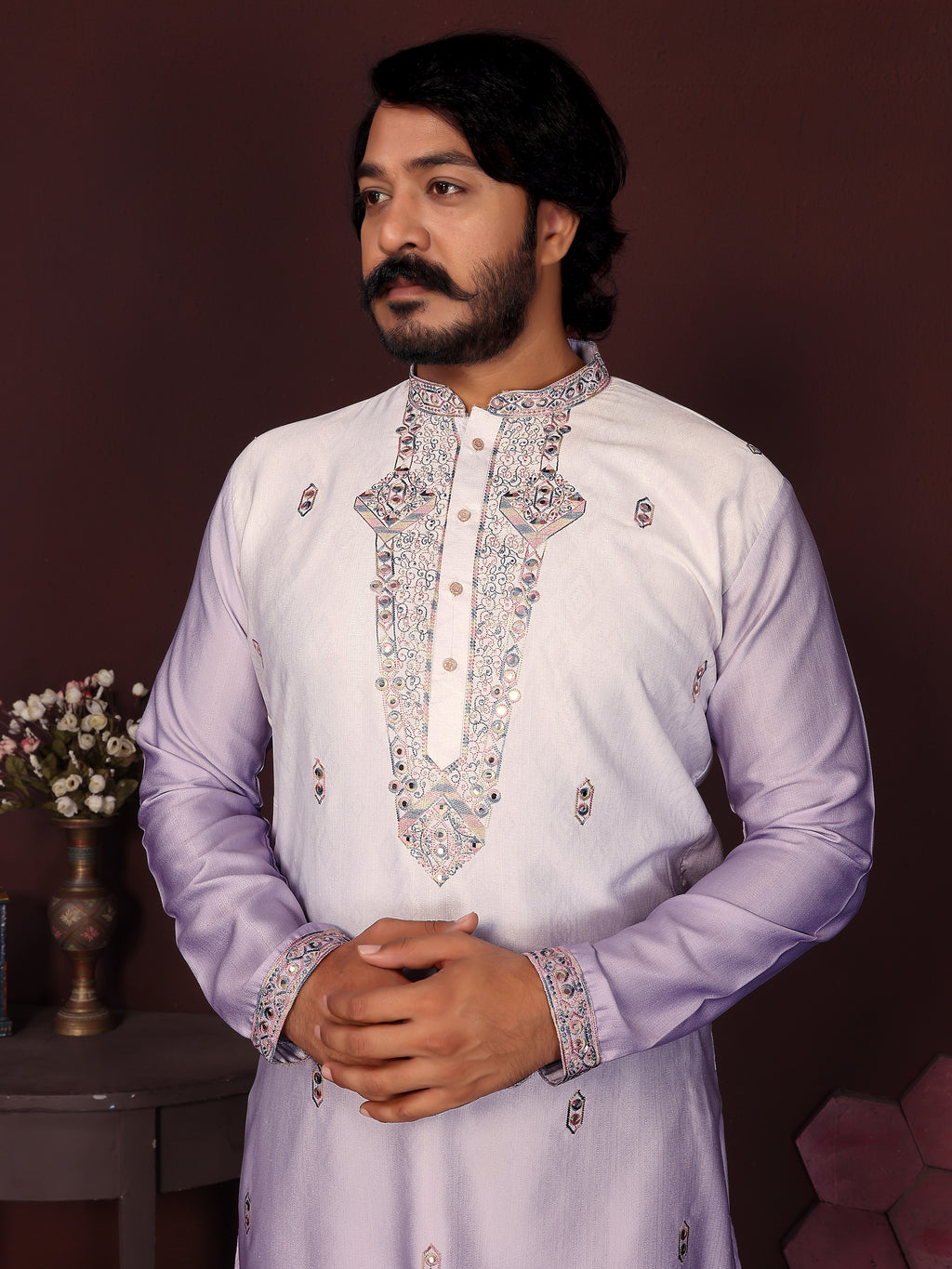 Lavender Mirror Embroidered Men's Festive Kurta