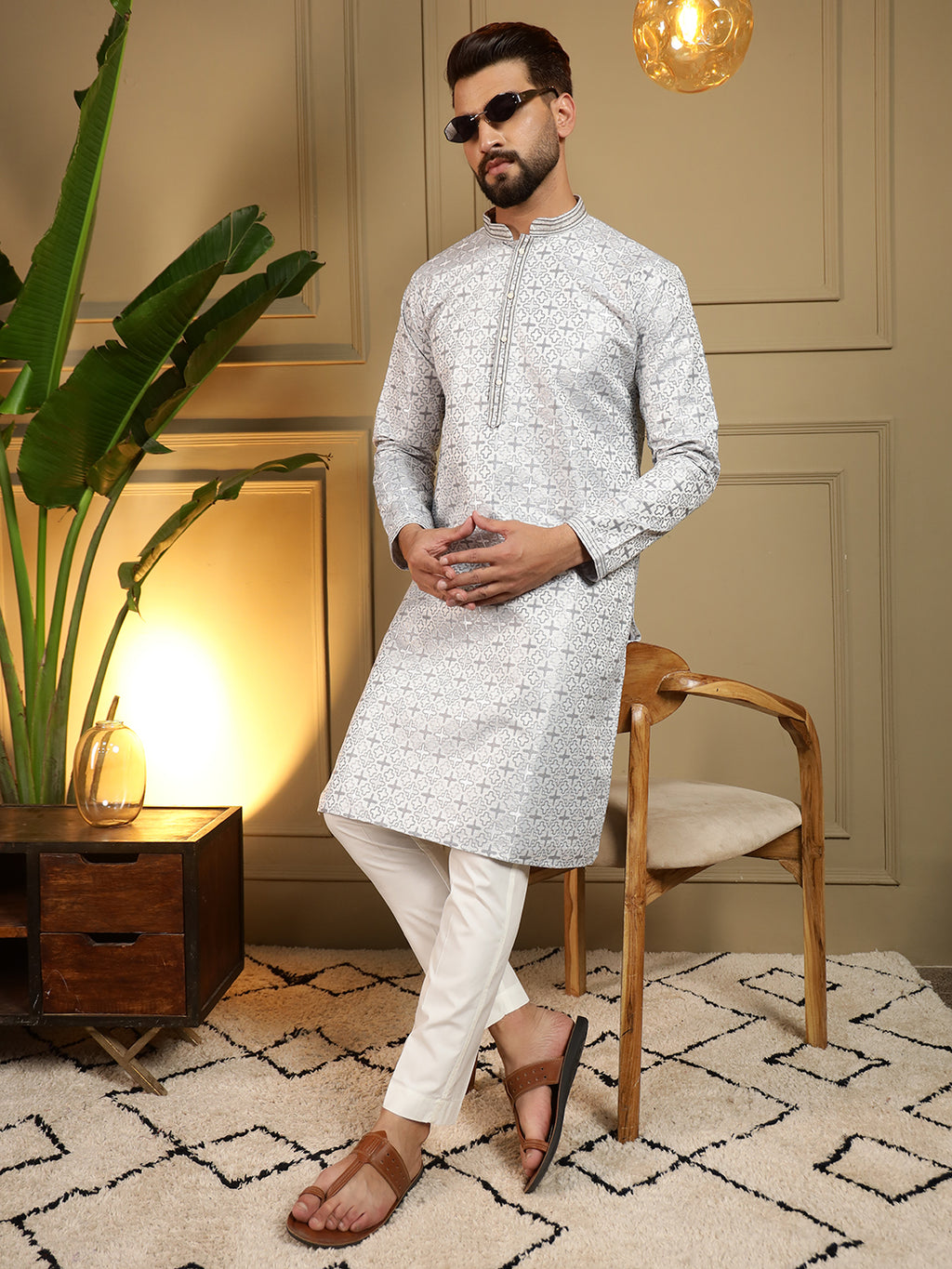 Ivory Silver Printed Men's Festive Kurta - White