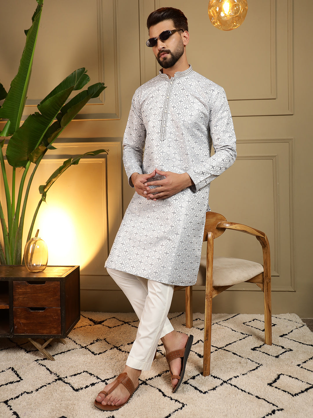 Ivory Silver Printed Men's Festive Kurta - White
