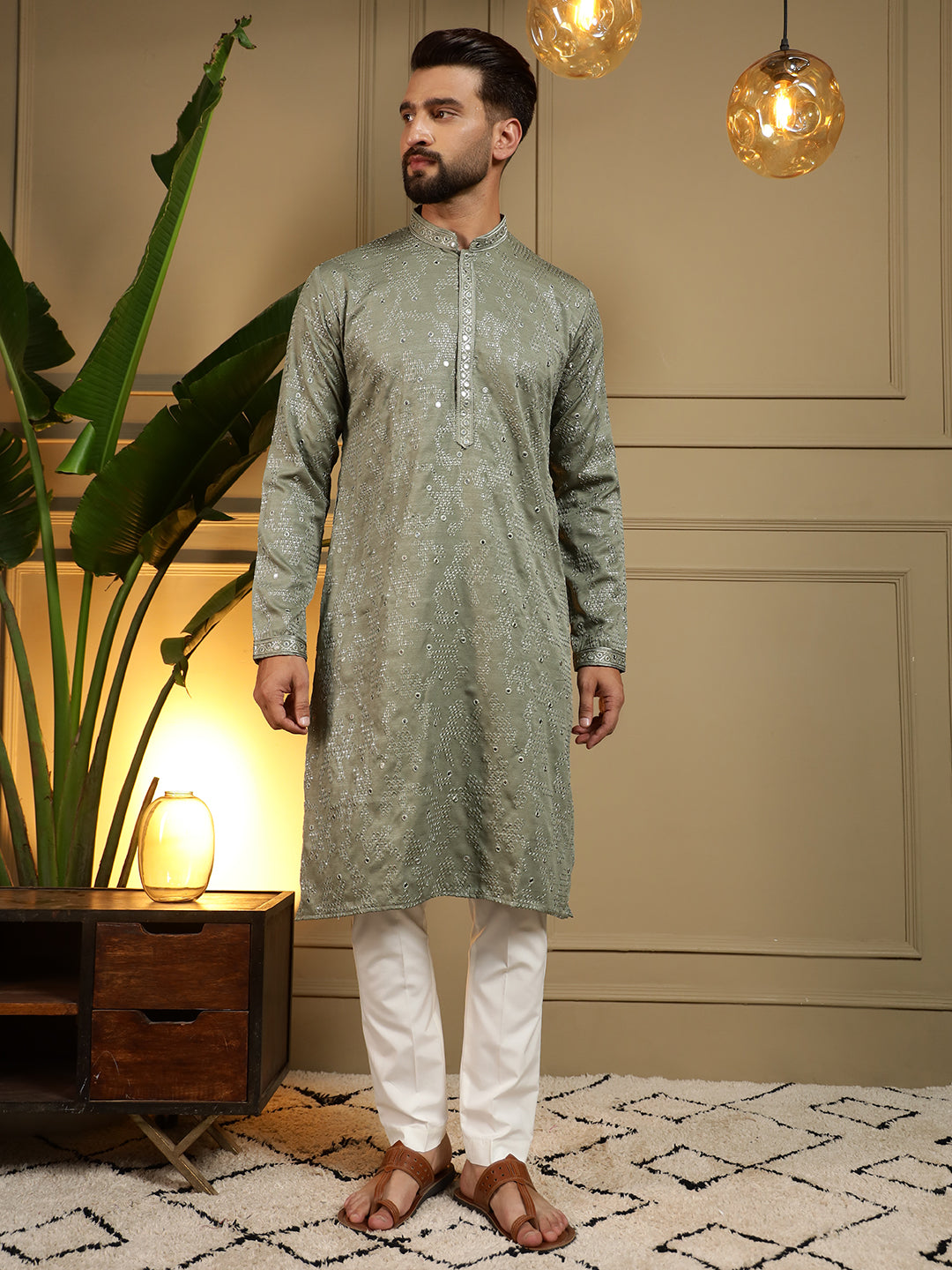 Sage Green Mirror Embroidered Men's Festive Kurta - green