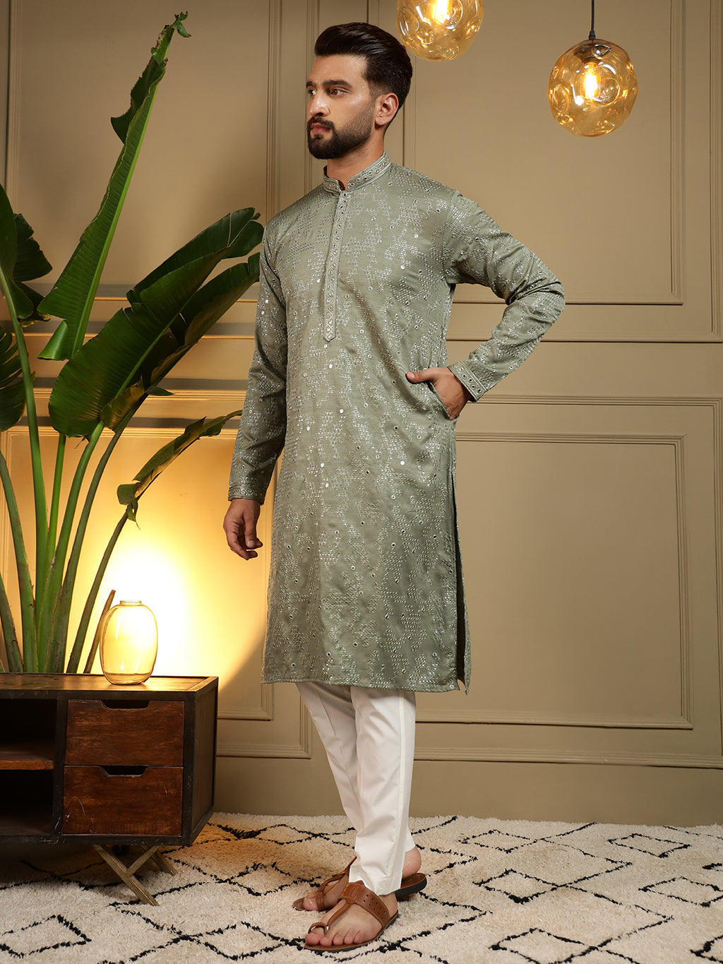 Sage Green Mirror Embroidered Men's Festive Kurta - green