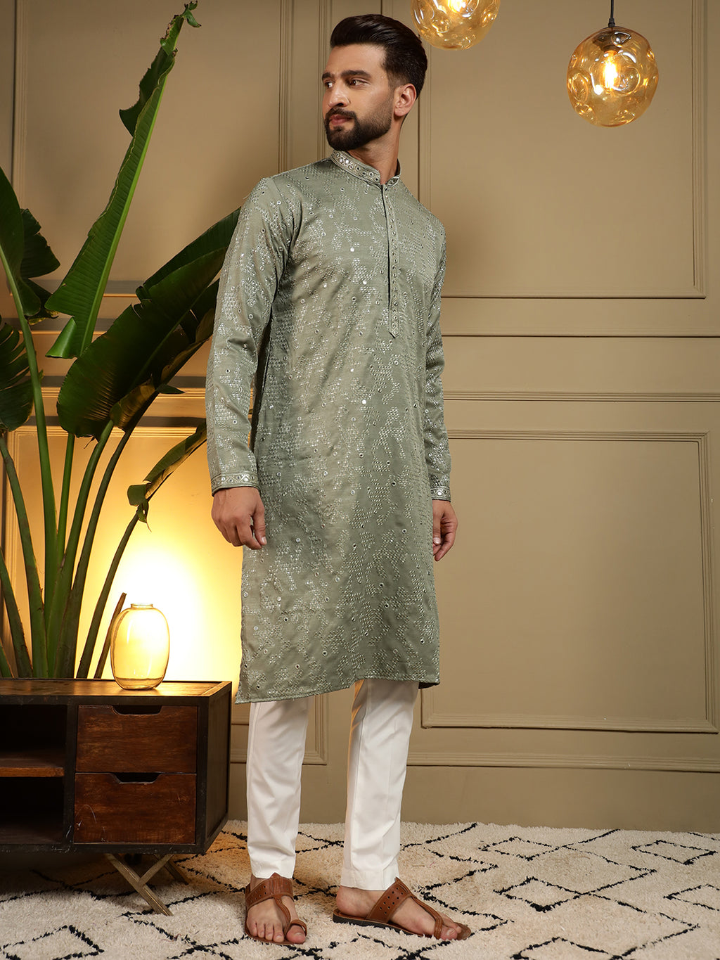 Sage Green Mirror Embroidered Men's Festive Kurta - green