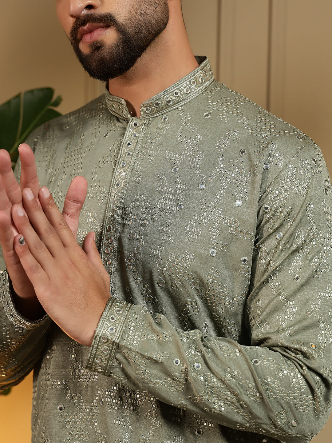 Sage Green Mirror Embroidered Men's Festive Kurta - green