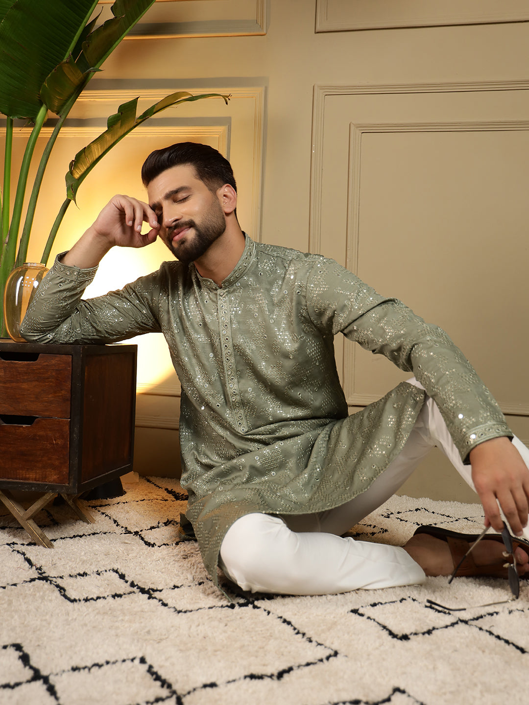 Sage Green Mirror Embroidered Men's Festive Kurta - green