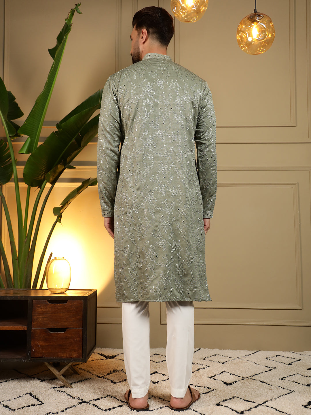 Sage Green Mirror Embroidered Men's Festive Kurta - green