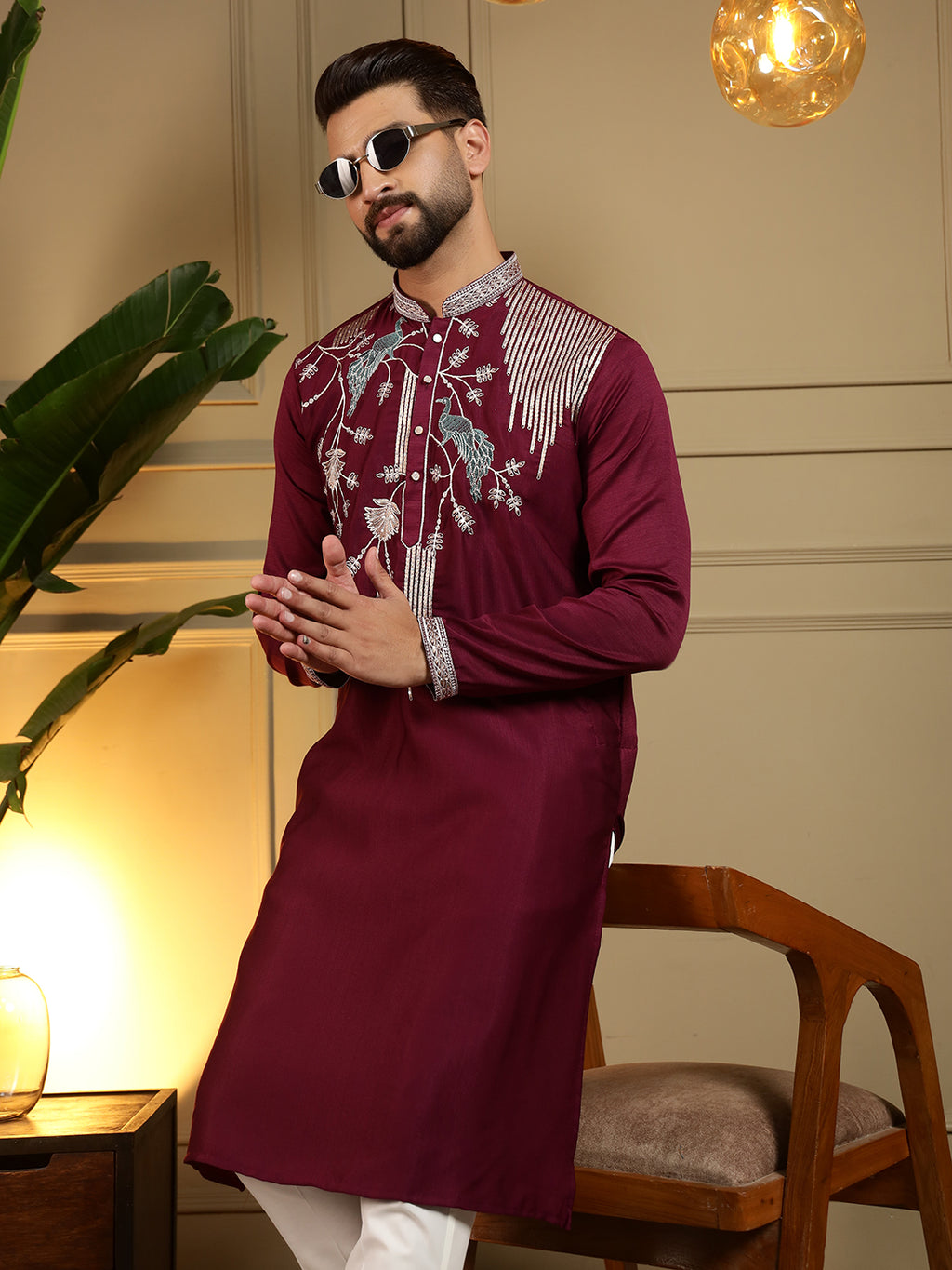 Royal Maroon Peacock Embroidered Men's Festive Kurta - maroon