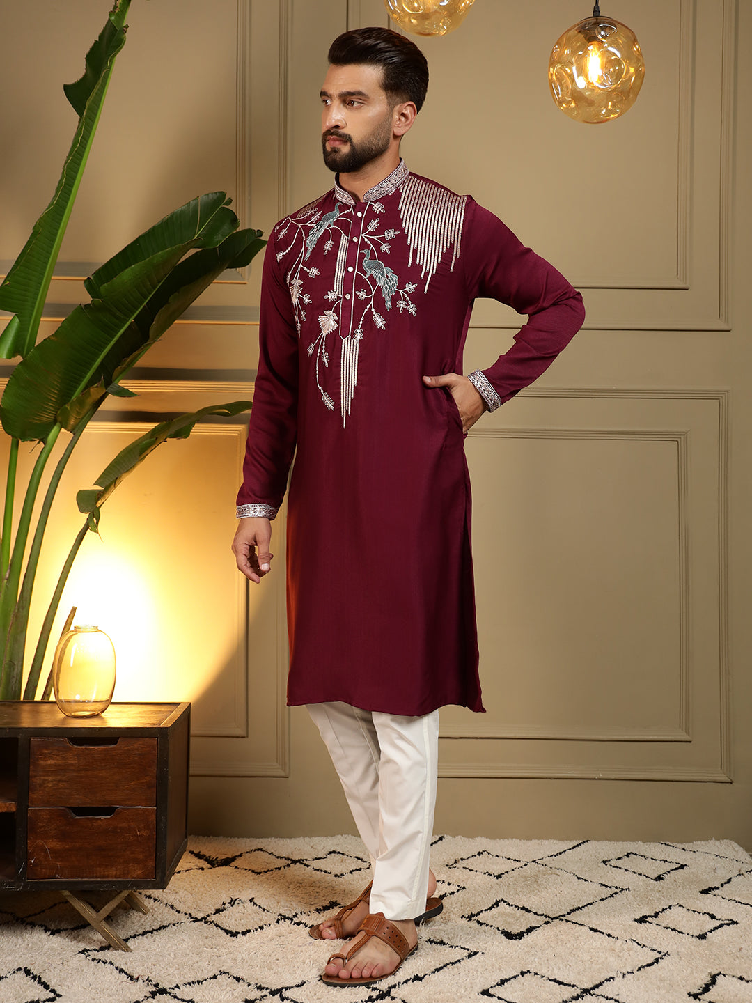 Royal Maroon Peacock Embroidered Men's Festive Kurta - maroon