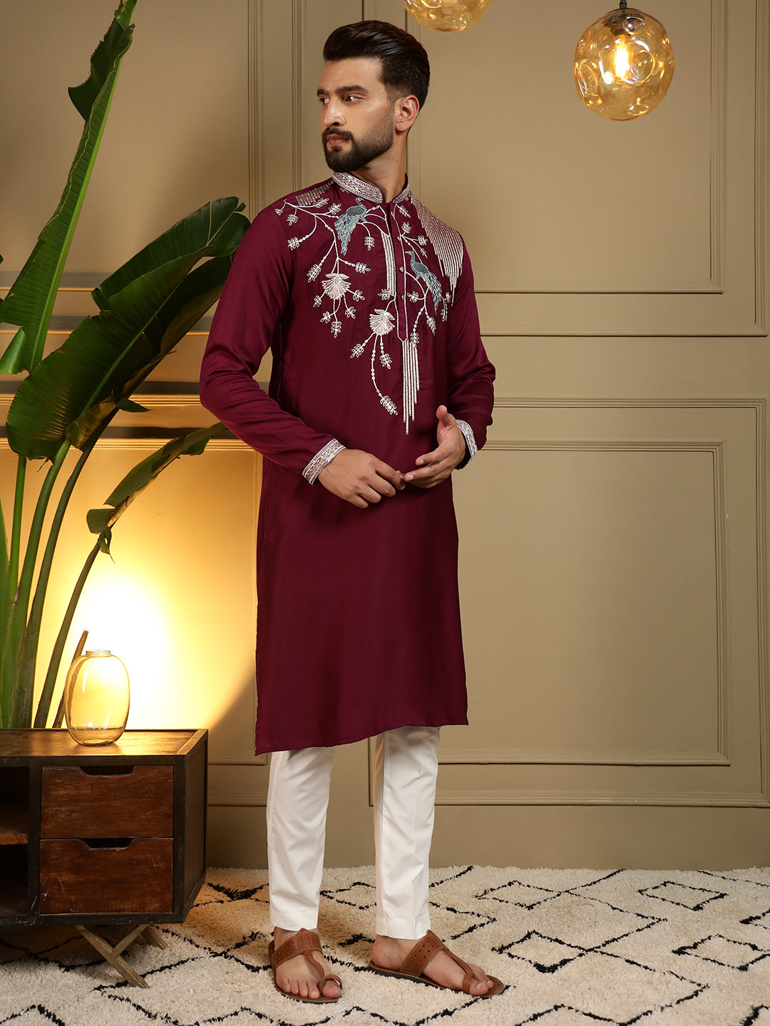 Royal Maroon Peacock Embroidered Men's Festive Kurta - maroon