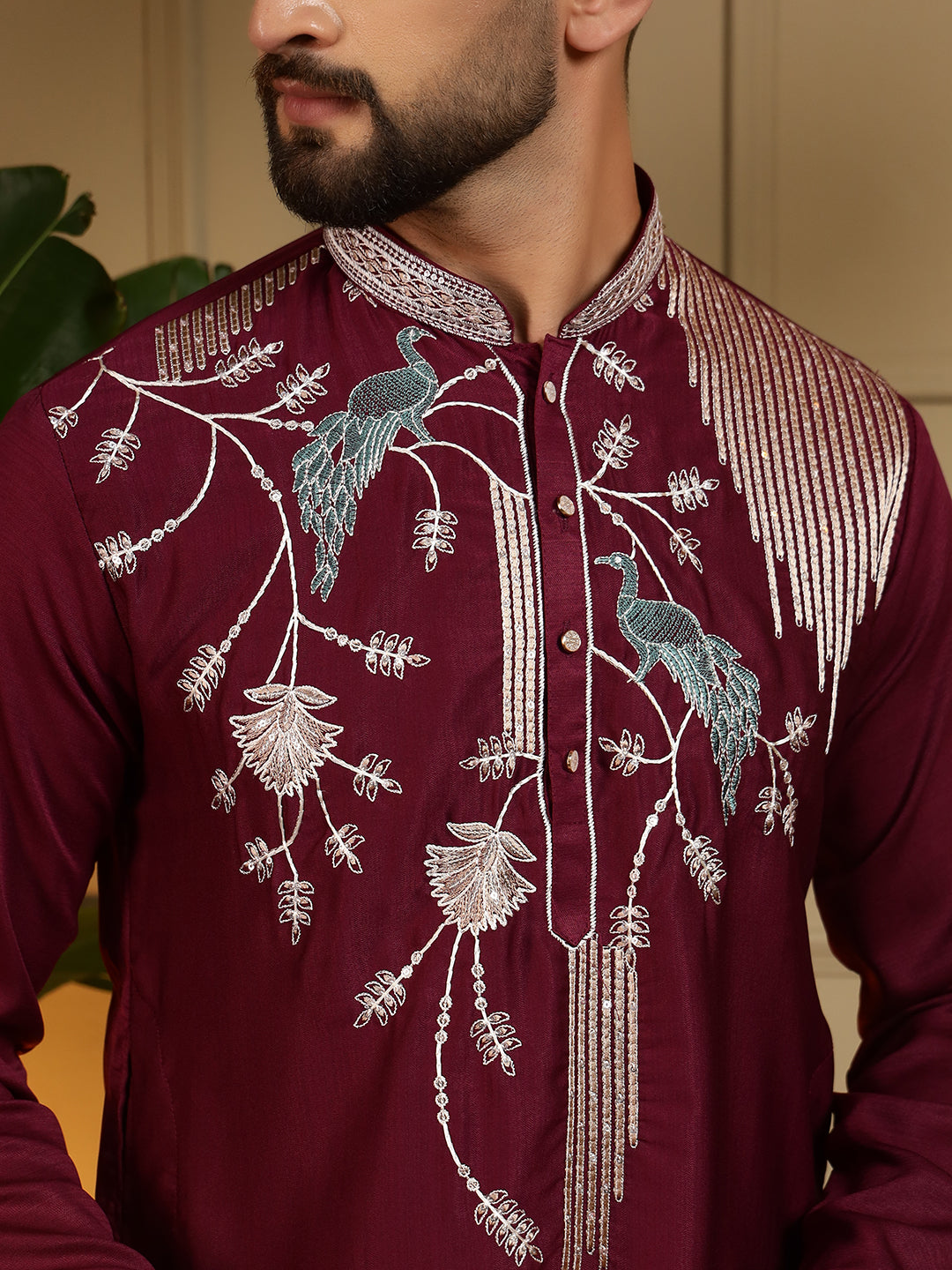 Royal Maroon Peacock Embroidered Men's Festive Kurta - maroon
