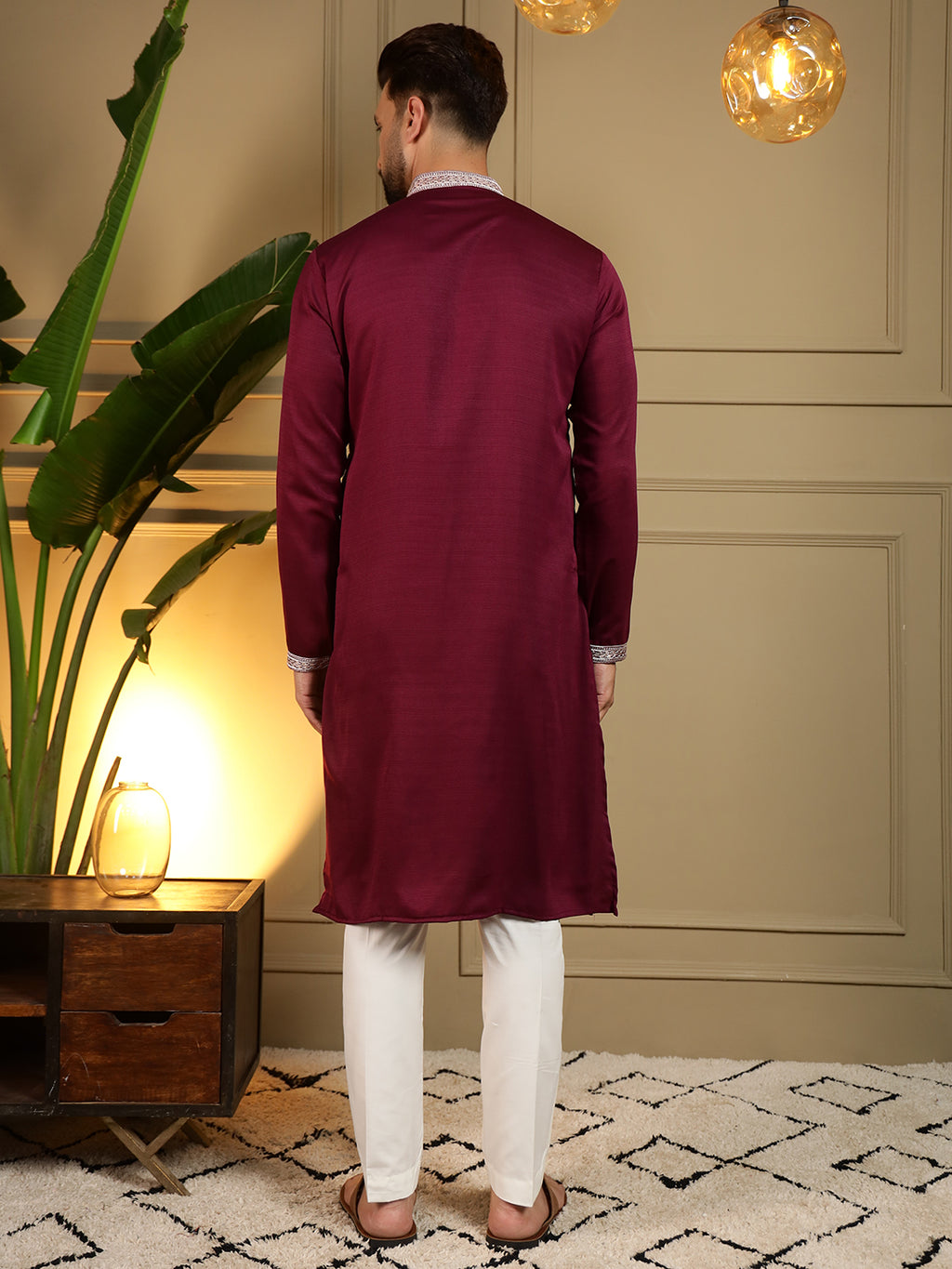 Royal Maroon Peacock Embroidered Men's Festive Kurta - maroon
