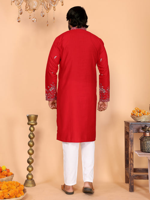 Royal Crimson Embroidered Men's Festive Kurta - Red