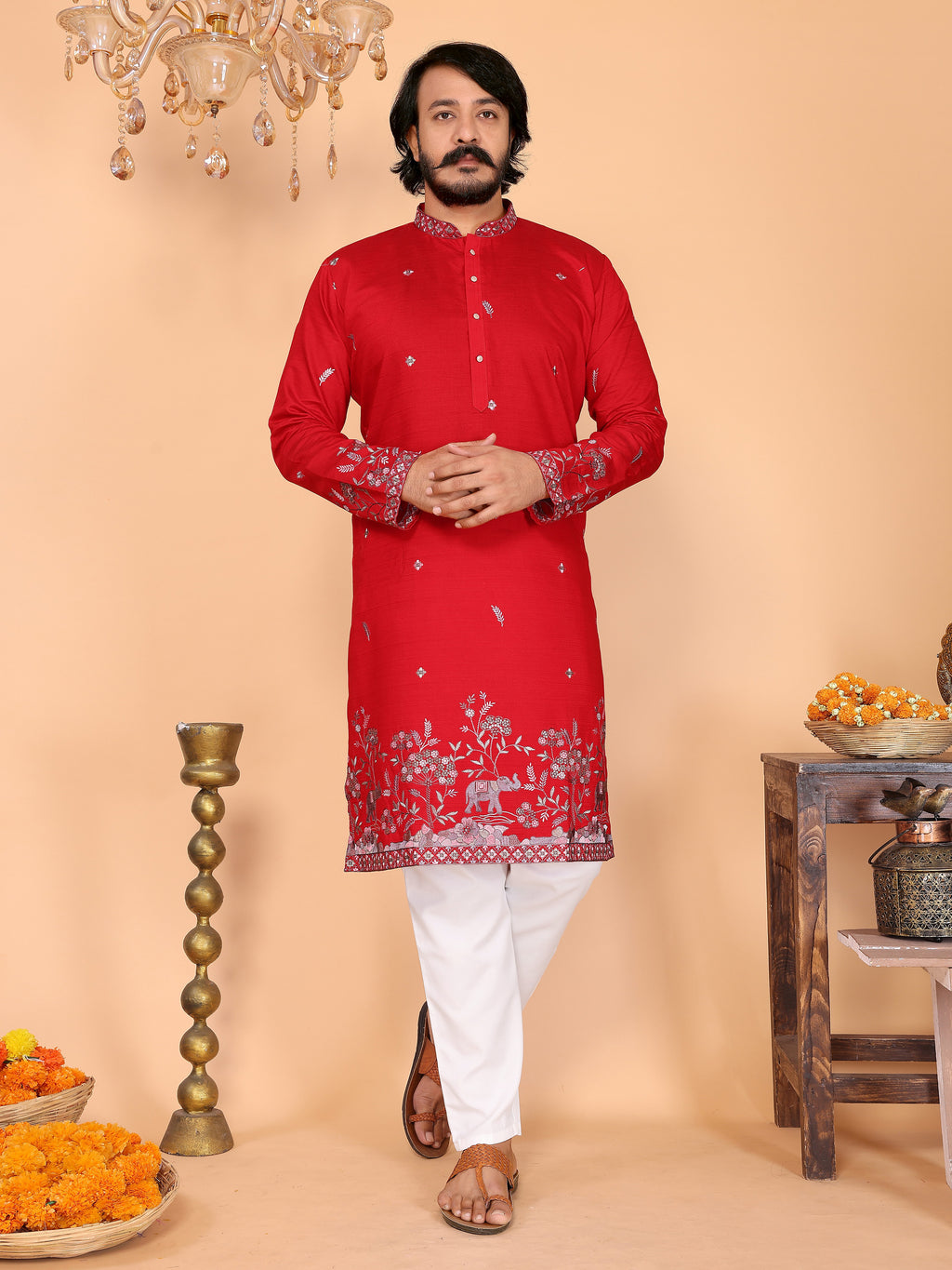 Royal Crimson Embroidered Men's Festive Kurta - Red