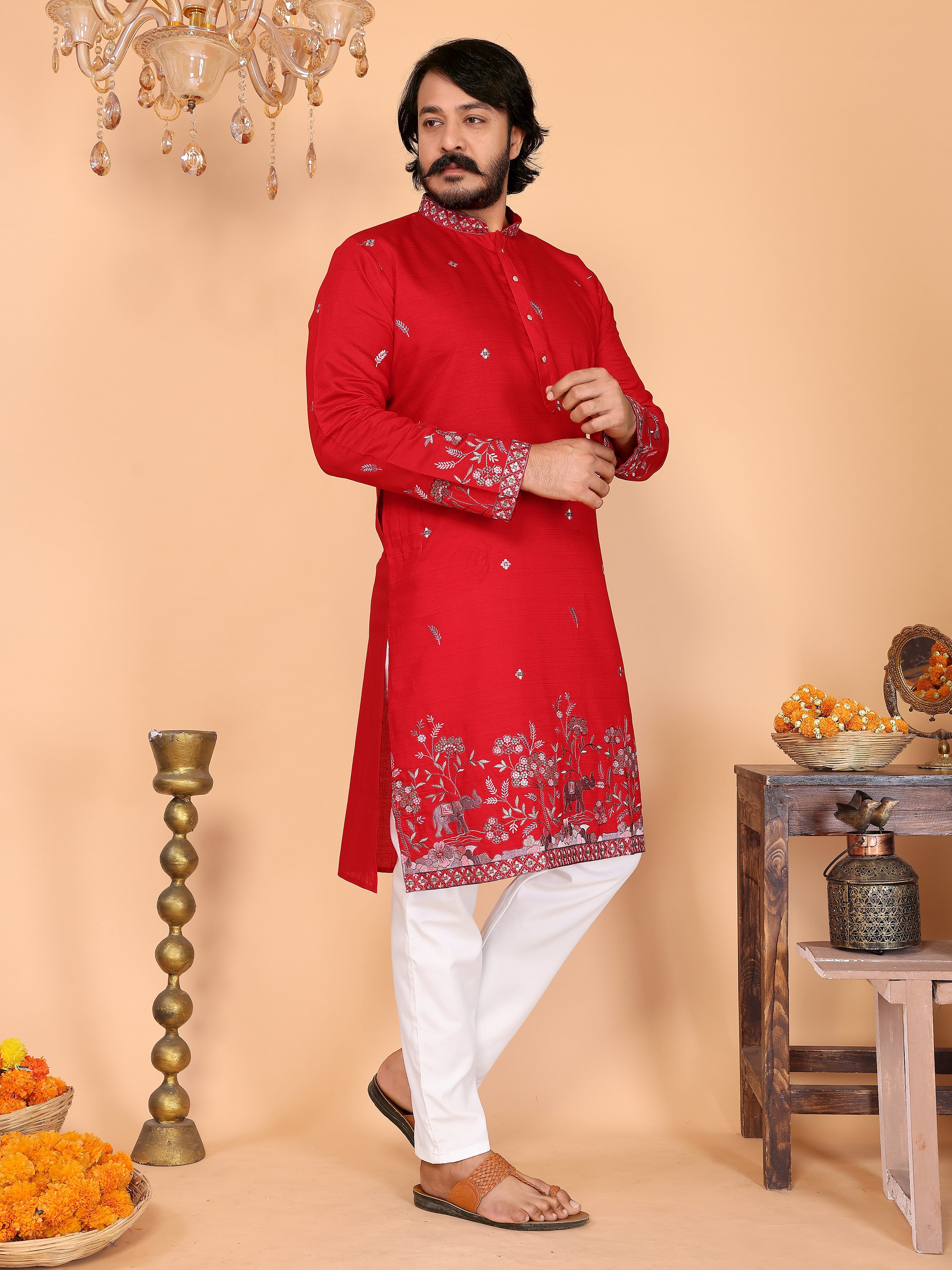 Royal Crimson Embroidered Men's Festive Kurta - Red