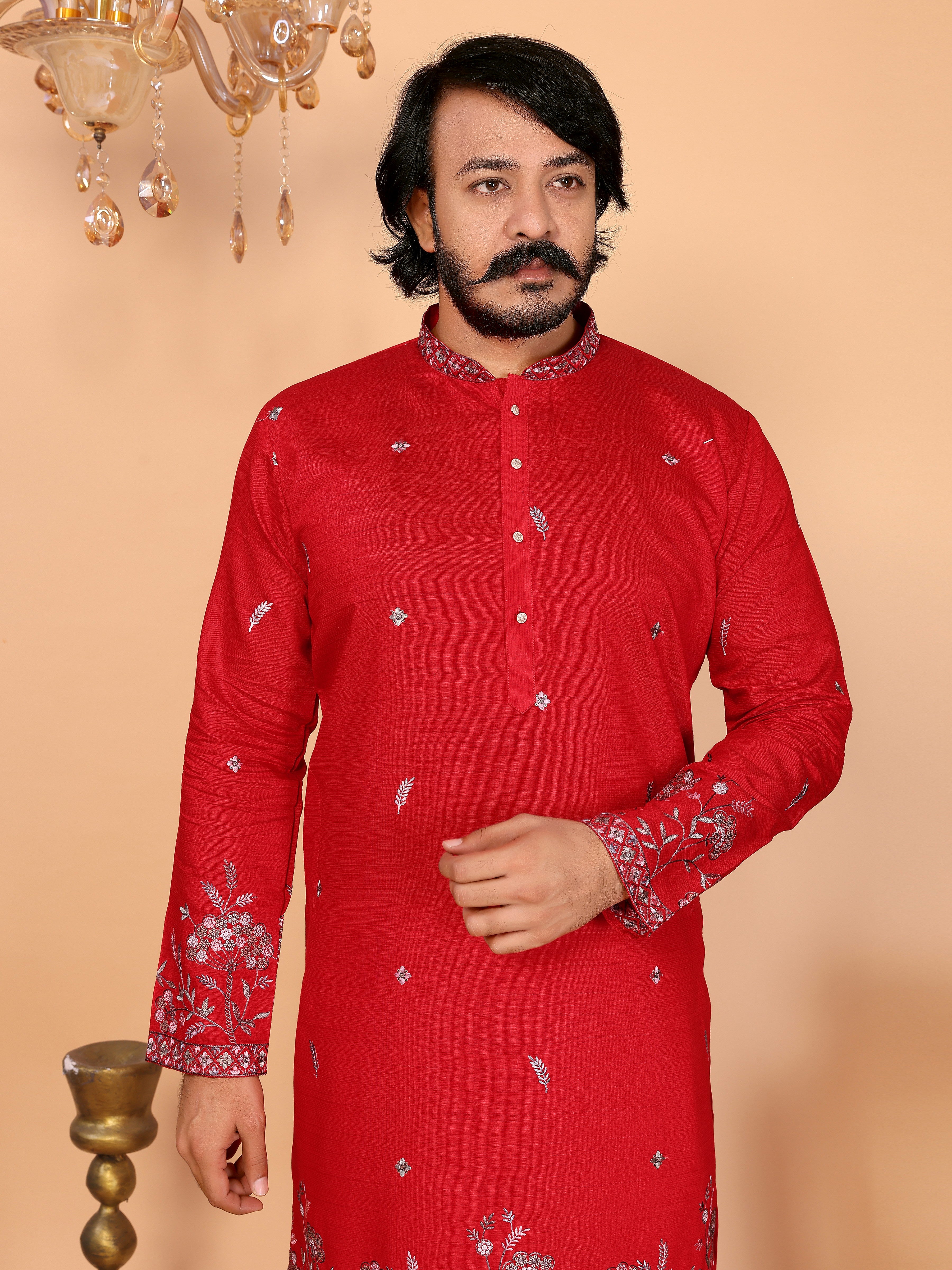 Royal Crimson Embroidered Men's Festive Kurta - Red